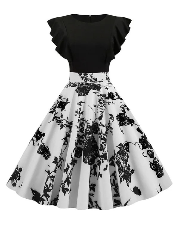 Polka dot prom dress-BerriesJam - Patchwork Floral Print Petal Sleeve Dot Vintage Dress