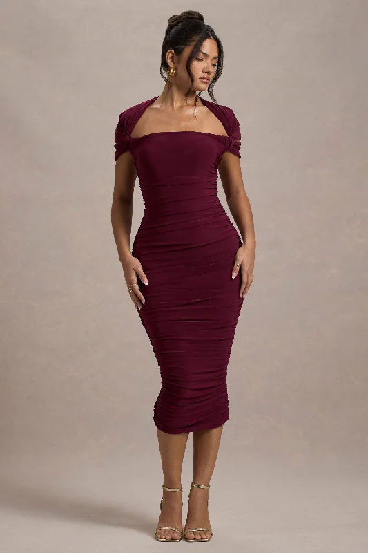 Glitter midi dress-Paxos | Burgundy Ruched Short-Sleeve Midi Dress