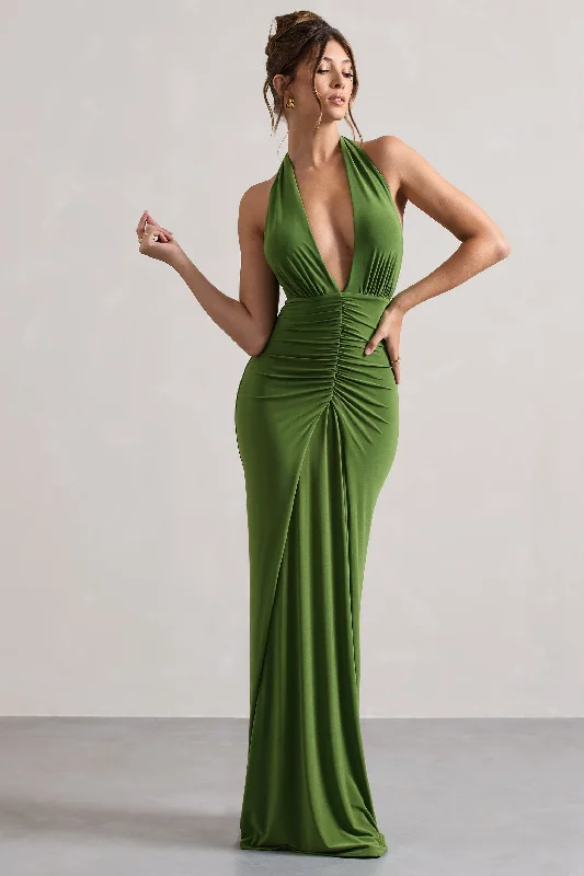 Flowy beach dress-Payton | Palm Green Ruched Halter-Neck Maxi Dress