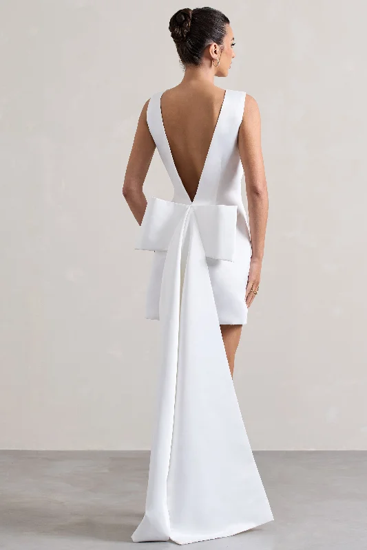 Smocked evening dress-Peace | White Satin Mini Dress With Drape Detail