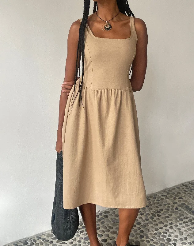 Fringe maxi dress-MOTEL X JACQUIE Pelove Drop Waist Midi Dress in Light Taupe