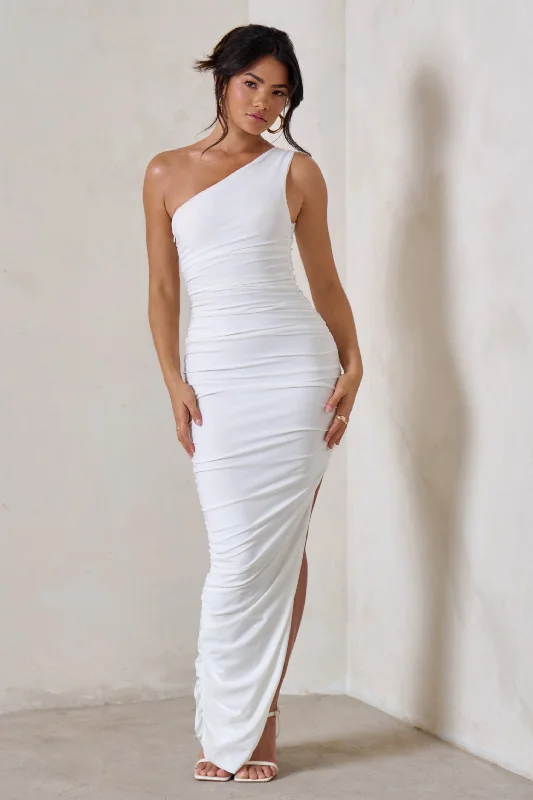 Satin party dress-Persia | White One Shoulder Side Split Ruched Maxi Dress