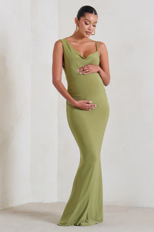 One-shoulder cocktail dress-Phantasy | Olive Green Maternity Cowl Neck Maxi Dress