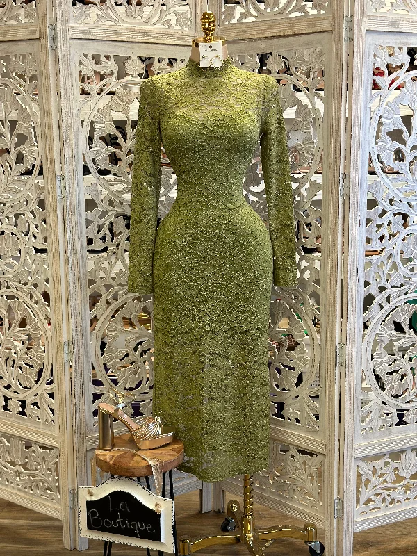 Smocked prom dress-Pistachio Green Lace Midi Dress- Stretchy,Estira