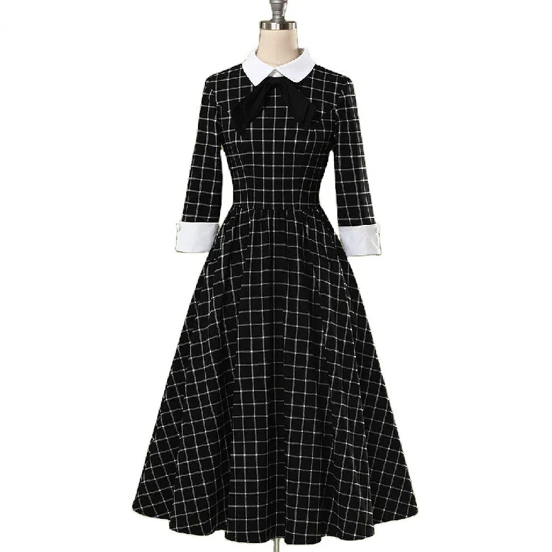 Pleated sundress-BerriesJam - 2024 Plaid Collar Bowknot A Line Rockabilly Swing Dress