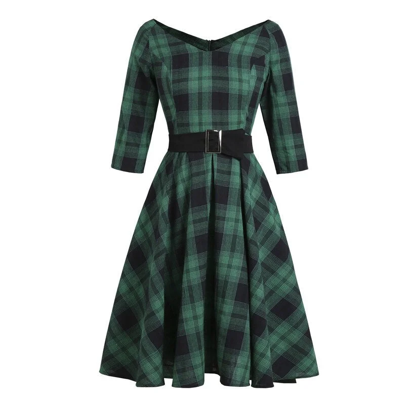 Ruched prom dress-BerriesJam - 2024Plaid Elegant Robe V Neck High Waist Dress