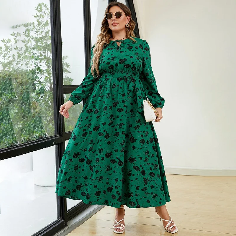 Velvet sundress-BerriesJam - 2024 Plus Size Floral Tie Neck Belted Long Sleeve A-Line Dress