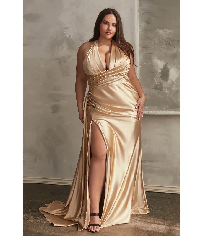 Velvet midi dress-Cinderella Divine  Plus Size Gold Pleated Satin Halter Fitted Slit Dress