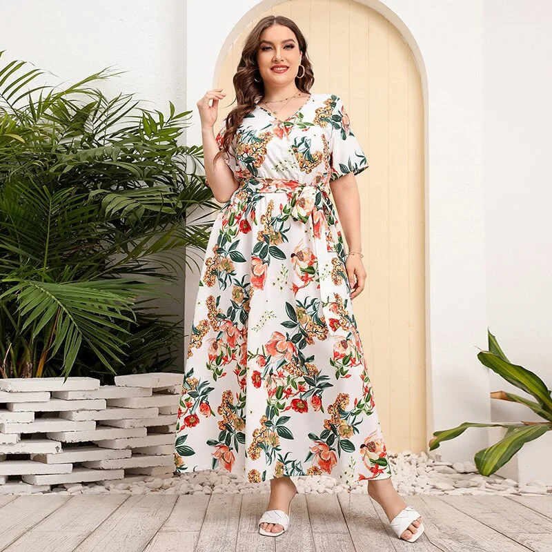 Satin party dress-BerriesJam - 2024Plus Size V Neck Elegant Floral Short Sleeve Maxi Dress