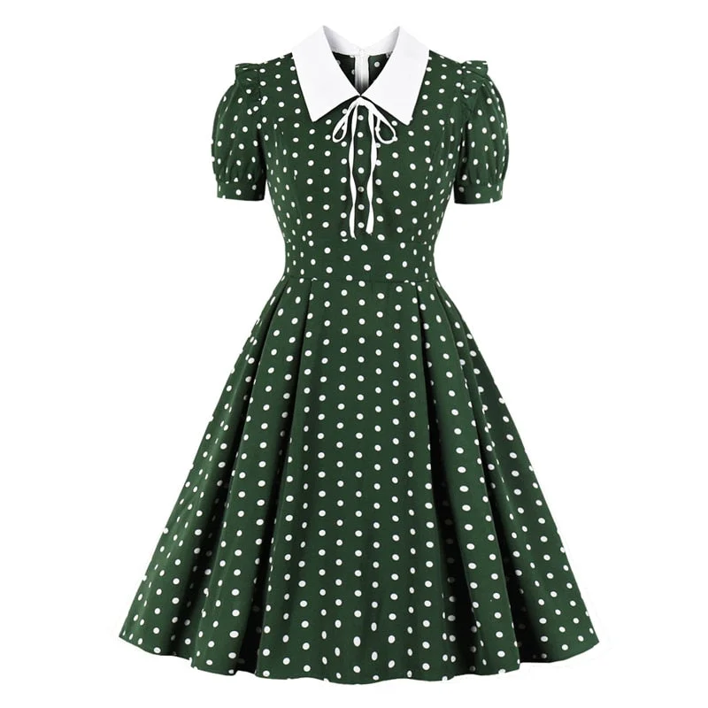 Long sleeve cocktail dress-BerriesJam - 2024 Polka Dot Robe Short Sleeve Elegant Summer Pleated Dress