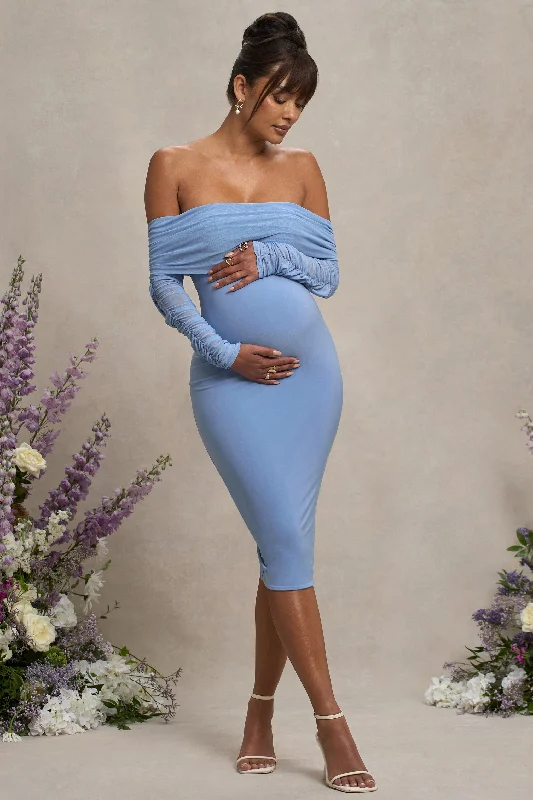 Teal cocktail dress-Patiently Waiting | Powder Blue Maternity Ruched Mesh Bardot Midi Dress