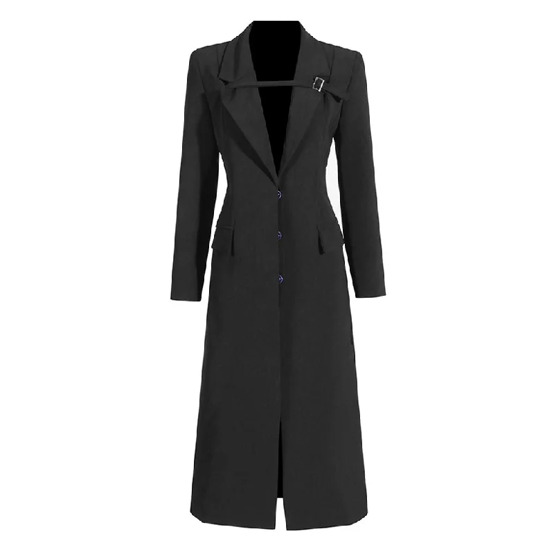 Pleated midi dress-Preppy Belted Lapel Strong Shoulder Long Sleeve Tailored Blazer Midi Dress