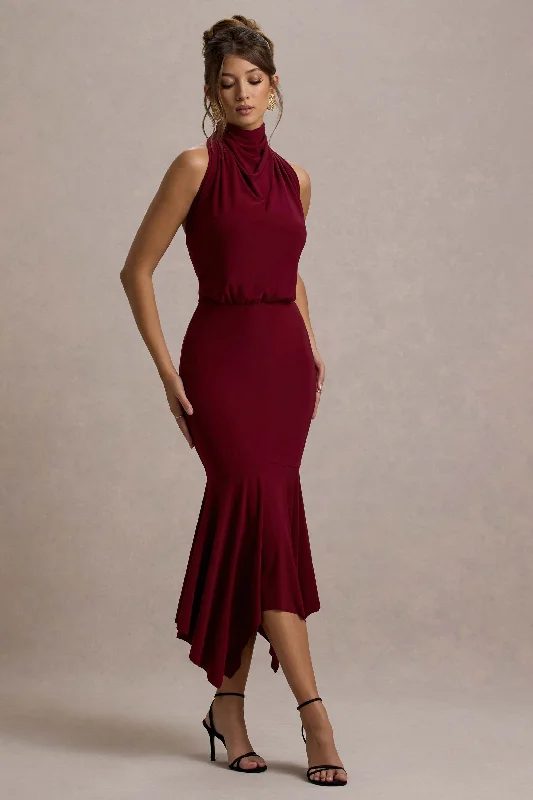 Ruffled prom dress-Prianyka | Berry High-Neck Draped Maxi Dress