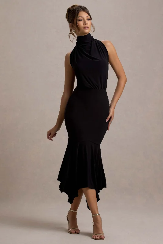 Smocked party dress-Prianyka | Black High-Neck Draped Maxi Dress