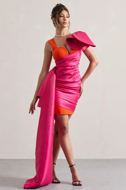 Polka dot wrap dress-Rare | Pink & Orange Satin Wrap Mini Dress Peplum Drape