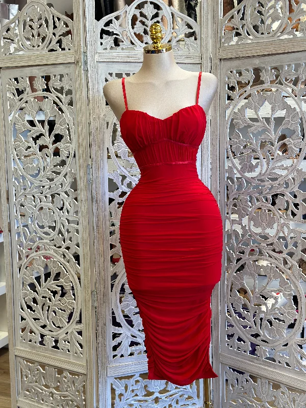 Bodycon club dress-Red Cami Midi Dress- Stretchy, Estira