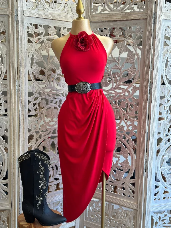 Long sleeve cocktail dress-Red Flower Detail High Neck Draped Midi Dress- Stretchy