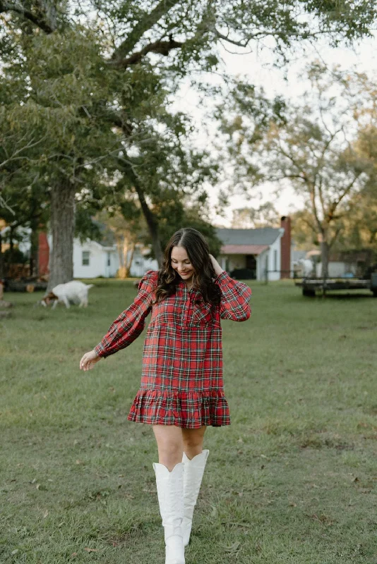 Tiered sundress-Red Plaid Tiered Shirt Dress