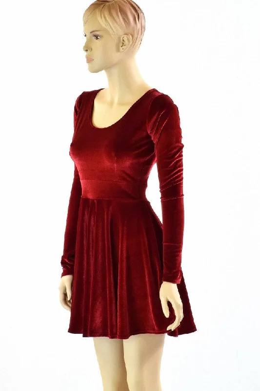 One-shoulder cocktail dress-Velvet Long Sleeve Skater Dress