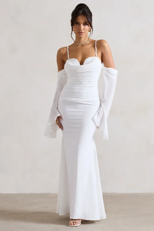 Ruched cocktail dress-Rhiannon | Cream Draped Flared-Sleeve Fishtail Maxi Dress