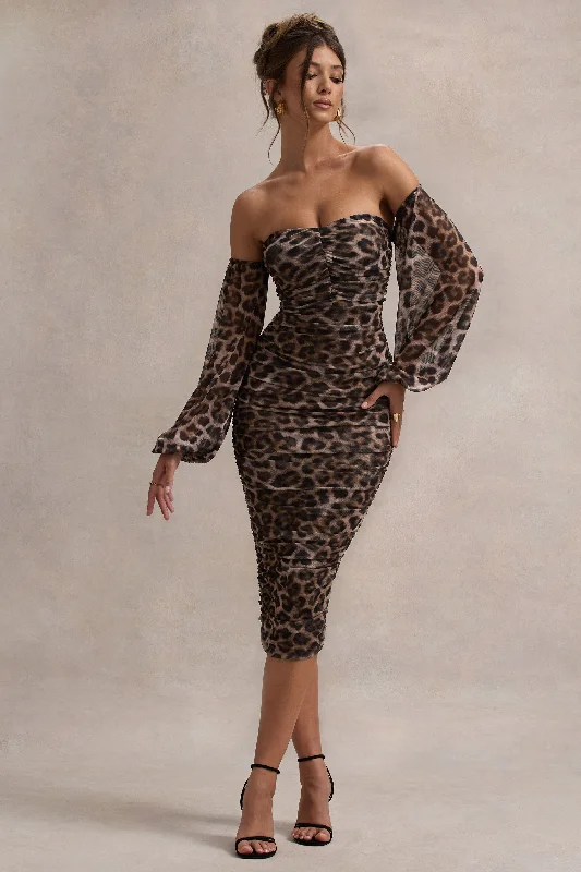 Smocked cocktail dress-Rica | Leopard Print Bardot Puff-Sleeve Midi Dress