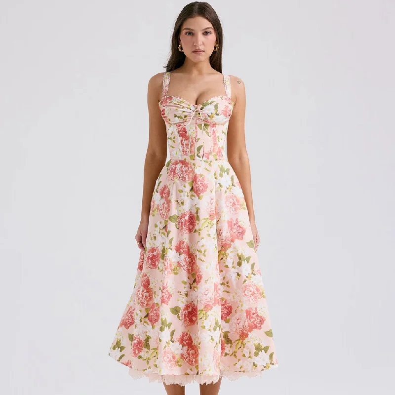 One-shoulder sundress-Romantic Bow Tie Bustier Corset Layered Tulle Floral Print Midi Sundress