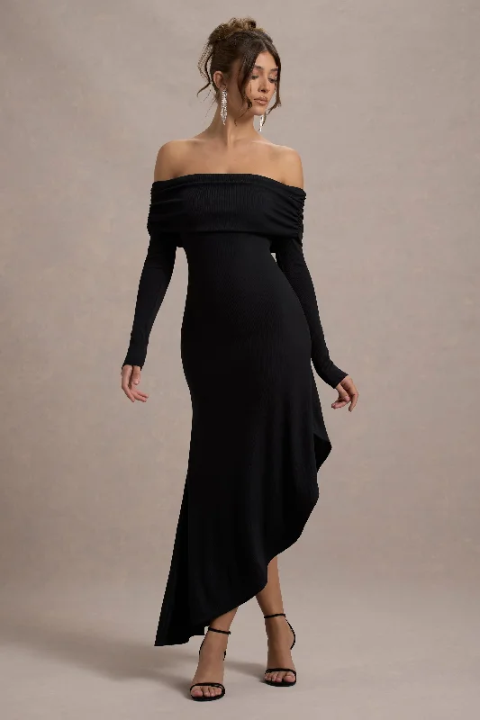 Ruffled maxi dress-Romina | Black Rib Knit Bardot Maxi Dress With Asymmetric Hem