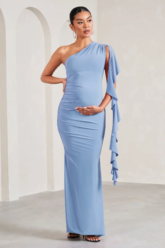 One-shoulder maxi dress-Rosalie | Cornflower Blue One-Shoulder Maternity Maxi Dress With Ruffles