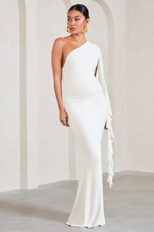 Glitter party dress-Rosalie | White One-Shoulder Maternity Maxi Dress With Ruffles