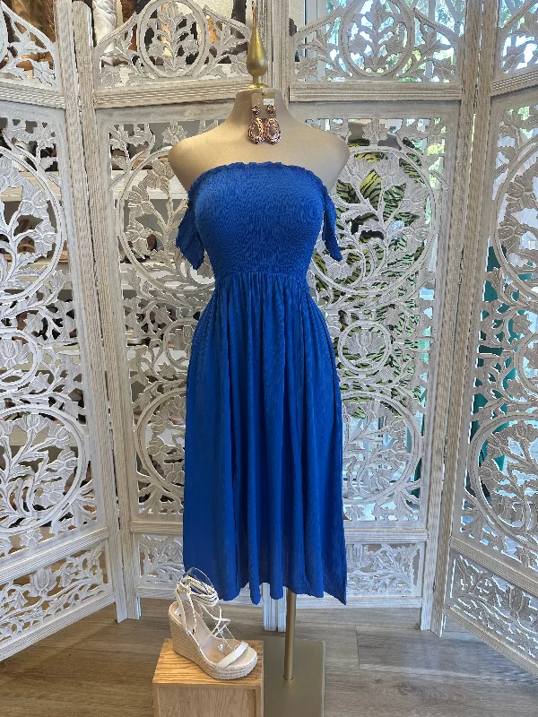 Strapless party dress-Royal Blue Smocked Midi Dress