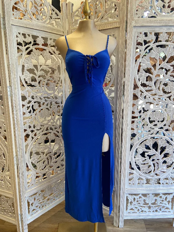 One-shoulder sundress-Royal Blue Tie Up Midi Dress