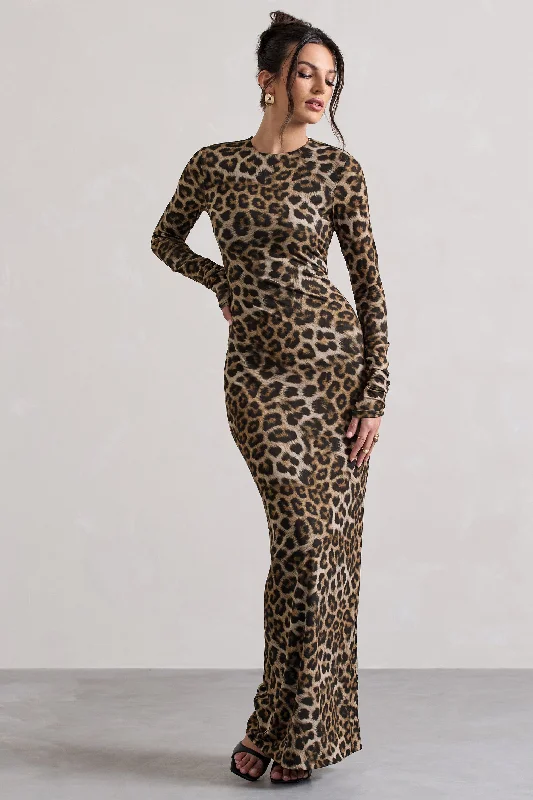 Off-shoulder maxi dress-Run Wild | Leopard Print Long-Sleeve Maxi Dress