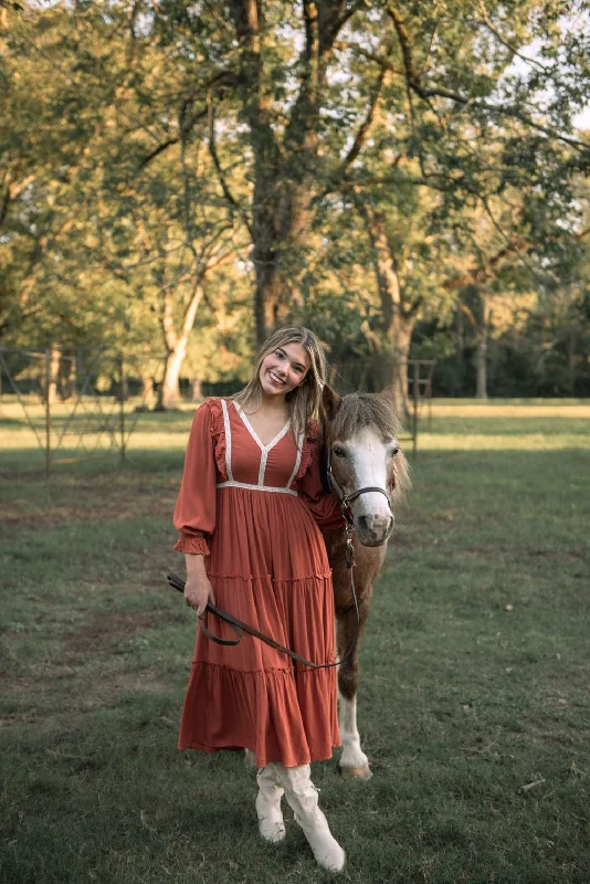 Pleated maxi dress-Rust Lace Detail Tiered Maxi Dress