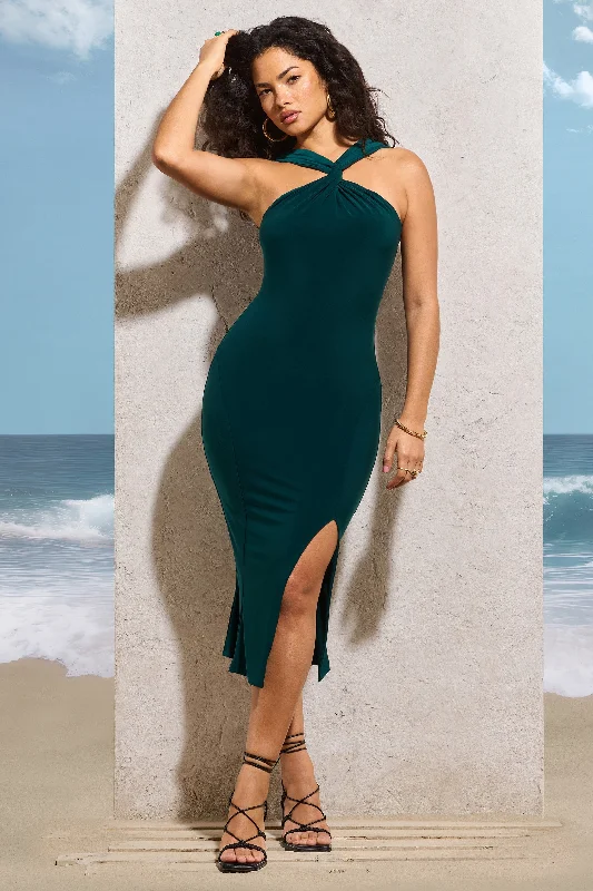 Velvet midi dress-Sadira | Bottle Green Twist-Neck Split Maxi Dress