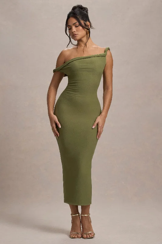 Short sleeve maxi dress-Salome | Olive Twisted Asymmetric Midi Dress