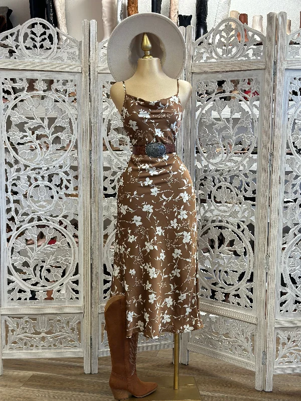 One-shoulder evening dress-Satin Brown Floral Midi Dress- Not Stretchy 100% poliéster