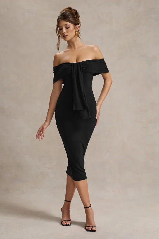 Ruffled evening dress-Selbie | Black Bardot Midi Dress With Drape