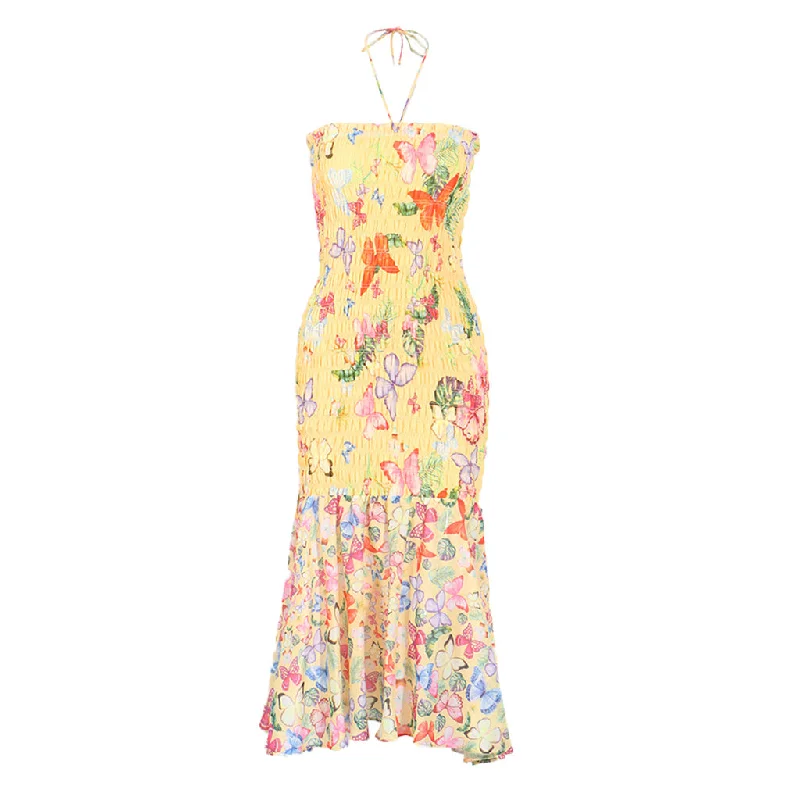 Smocked cocktail dress-Sexy Butterfly Print Shirred Halter Neck Split Ruffle Vacation Midi Dress