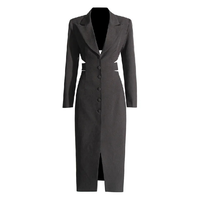 Polka dot wrap dress-Sexy Lapel Single Breasted Belted Cinch Waist Long Sleeve Blazer Midi Dress