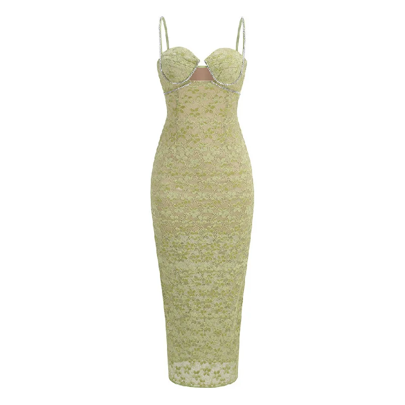 Tiered cocktail dress-Sexy Rhinestone Bustier Cut Out Split Bodycon Sleeveless Lace Midi Dress