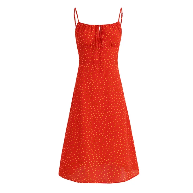 Tiered evening dress-Sexy Tie Neck Smocked Sleeveless A Line Polka Dot Print Midi Sundress