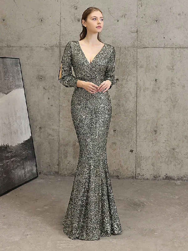 Long sleeve evening dress-BerriesJam - Sexy V Neck Mermaid Long Formal Evening Dress