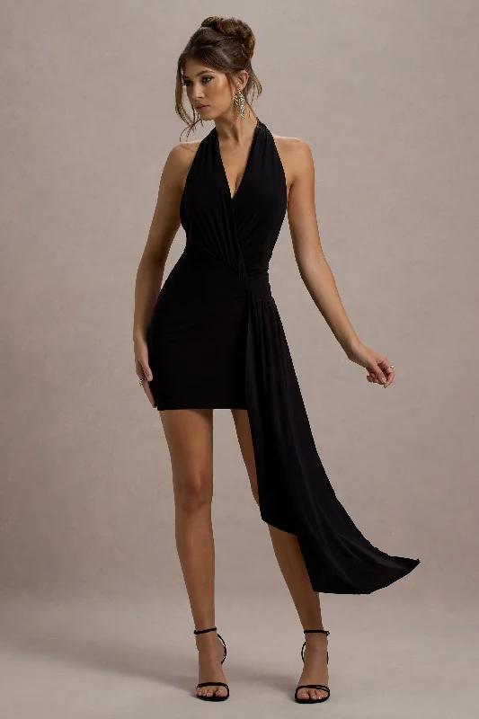 One-shoulder prom dress-Sidney | Black Plunge-Neck Draped Wrap Mini Dress