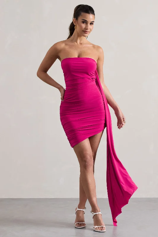 Glitter sundress-Siena | Hot Pink Ruched Asymmetric Mini Dress With Sash