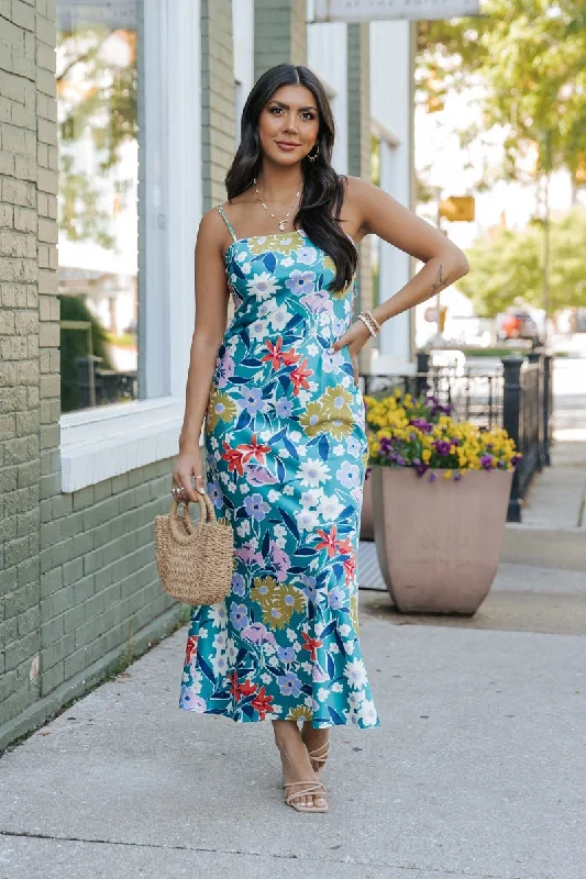 Teal cocktail dress-Silky Green Floral Maxi Dress - FINAL SALE