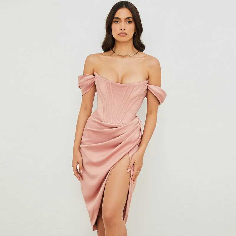 Off-shoulder cocktail dress-Silky Satin Off Shoulder High Slit Drape Corset Midi Dress - Pink