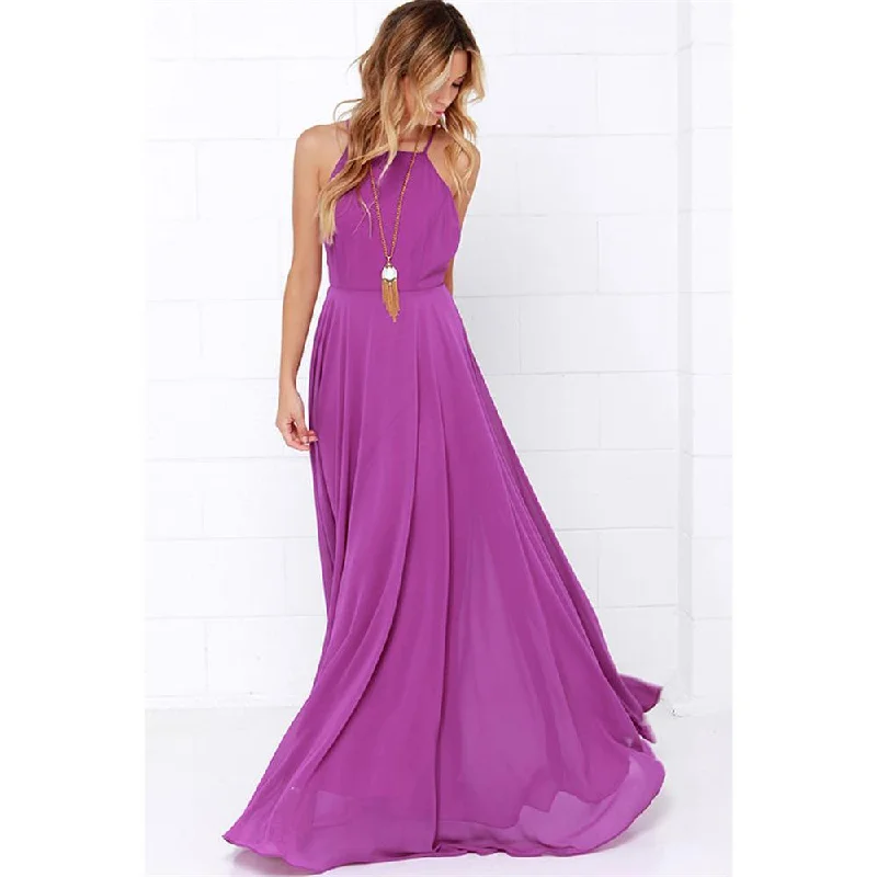 Ruffled prom dress-BerriesJam - Sleeveless Strap O neck Boho Casual Long Backless Dress