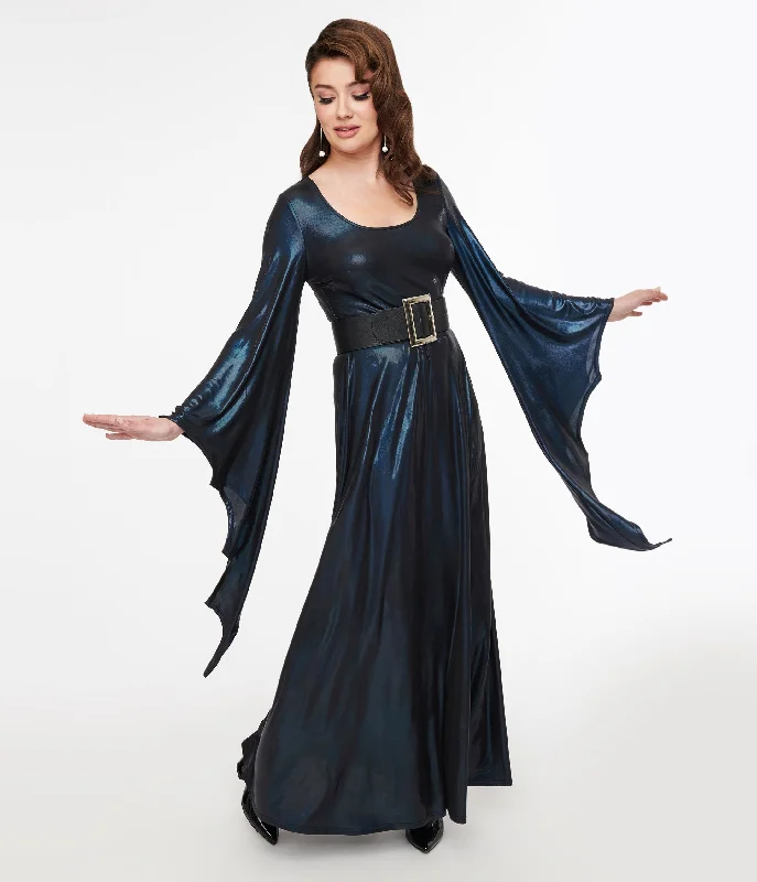 Off-shoulder prom dress-Smak Parlour Y2K Iridescent Dark Blue Bat Wing Sleeve Maxi Dress