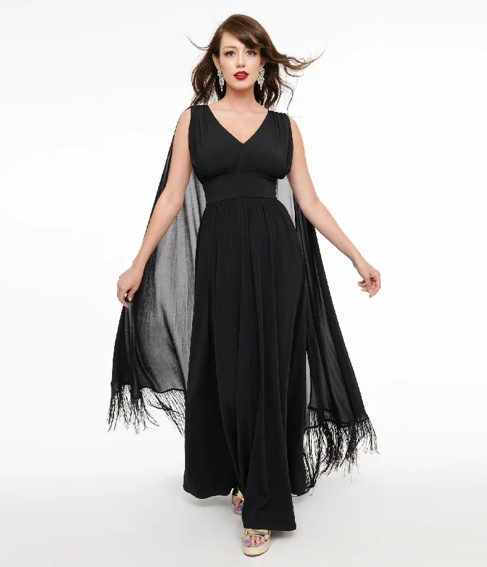 Short sleeve midi dress-Smak Parlour 1970s Black Fringe Cape Maxi Dress