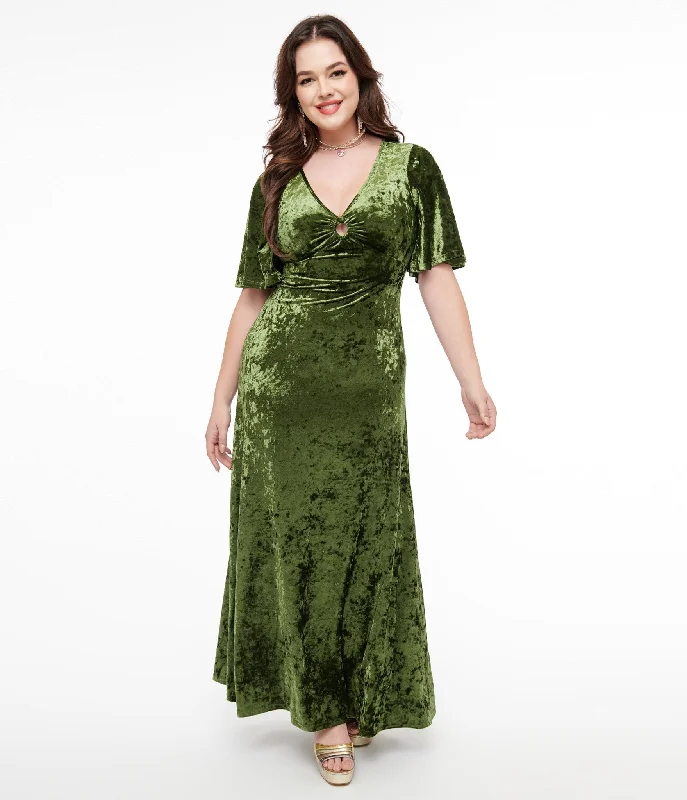 Satin midi dress-Smak Parlour 1970s Mossy Green Velvet Cutout Maxi Dress